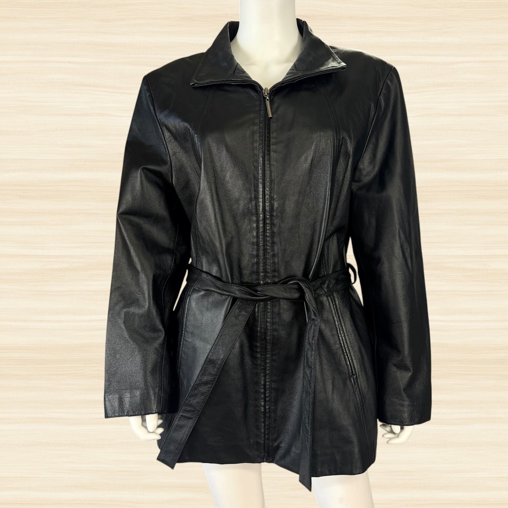 Worthington Black Genuine Leather Jacket Belted Zip Up Coat Womens XL